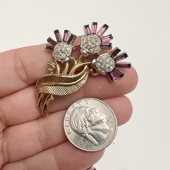 Vtg Crown Trifari Alfred Philippe Purple Thistle Flower Brooch & Earrings AS IS - Picture 2 of 12